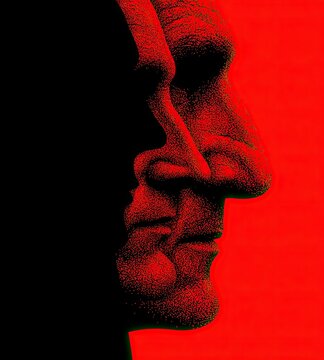 Abstract dual human faces in red tones, identity conflict, duality, and inner tension.