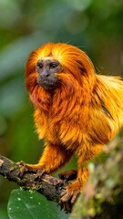 Obraz premium A vibrant portrait of a small primate with golden-orange fur perched on a tree branch, set against lush green foliage