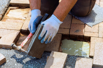 Fototapeta premium Contactor worker uses hammer to place bricks on walkway during patio repairing surface pavement