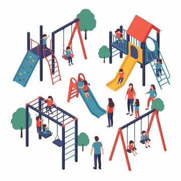 Isometric illustration of children and adults enjoying various activities on a vibrant playground.