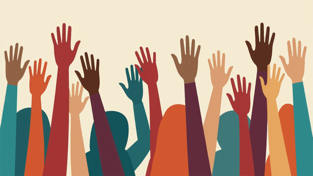 Diverse hands raised, colorful arms up, multicultural people vector, equality symbol, solidarity gesture