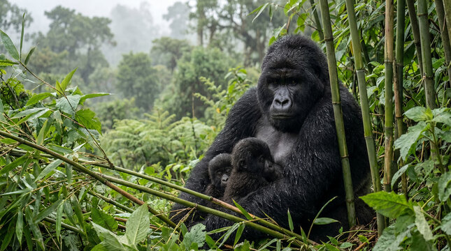 Mountain Gorilla Family in Rainy Bamboo Clearing