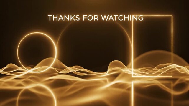 Abstract digital end screen background with flowing golden light waves and modern geometric shapes, perfect for video conclusions and presentations