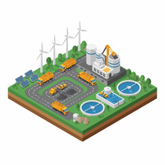 Obraz premium Isometric view of a waste management and recycling facility with trucks and renewable energy.