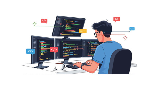 Software Developer Coding on Multiple Monitors at Desk