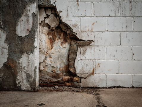 Crumbling Urban Decay: Weathered Walls with Peeling Plaster and Rust Stains in a Neglected Building Exterior