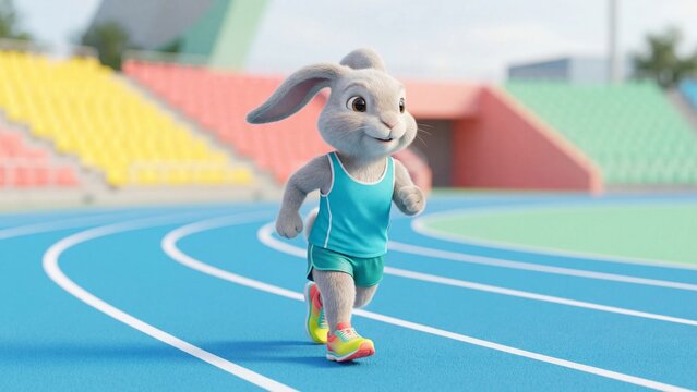 Cute anthropomorphic bunny running on blue athletics track in colorful stadium. Playful animal character in sports outfit sprinting during fun race. Fitness and athletic competition concept for kids