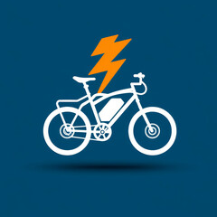 Fototapeta premium Modern Eco-Friendly Electric Bike Icon: Vector Illustration with Orange Lightning and Blue Background for Sustainable Transport and Active Travel