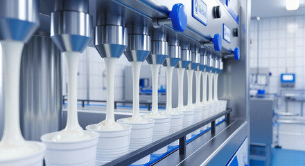 Yogurt production line in a dairy factory for food industry professionals and product packaging 