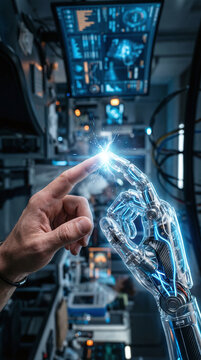 Vertical Close-up of Human Finger Touching Robot Hand with Blue Spark, Futuristic Concept of AI Integration and Digital Transformation