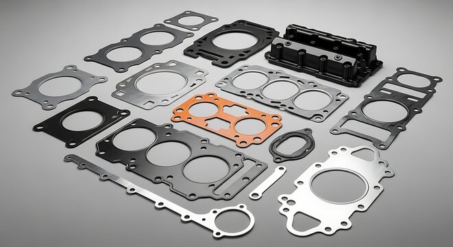 Collection of precision engineered engine head gaskets and a block displayed on a flat surface with varied shapes and materials showcasing automotive and mechanical components for specialized