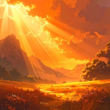 A vibrant orange sunset bathes a meadow and distant mountains in golden sunlight, with rays bursting through the clouds
