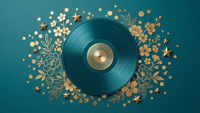 Teal vinyl record centered with golden flowers stars and confetti dots around it. Festive retro music decoration concept for invitations posters and album covers. Elegant audio design evoking