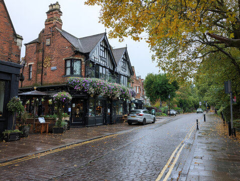 Charming Autumn Cityscape: Traditional solihull British Pub & Restaurant with Outdoor Seating on a Rainy Day in Historic Old Town Neighborhood