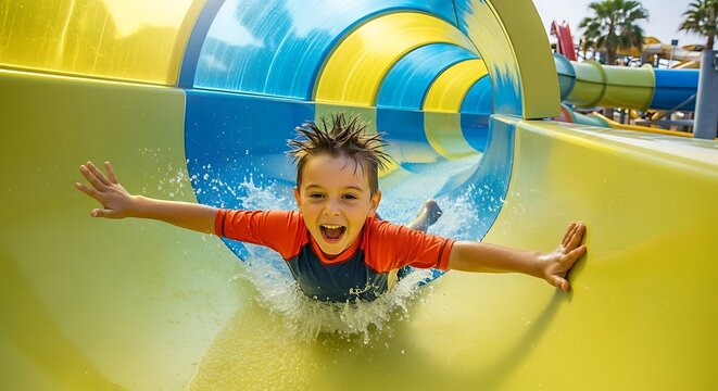 Joyful Child Sliding Down Water Slide at Amusement Park.