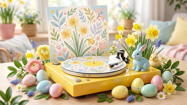 Easter decoration with vintage yellow record player surrounded by pastel eggs daffodils and bunny. Spring floral table setup featuring hyacinths chick and fresh flowers. Holiday celebration concept