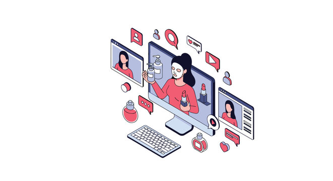 Beauty influencer creating a makeup tutorial video for her social media followers using professional cosmetic products.