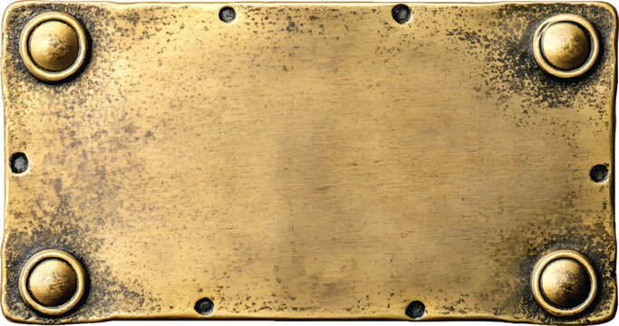 photo of a brass name plate with rivets on the corners, isolated against a transparent background