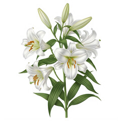 Obraz premium Beautiful white lilies with green leaves in full bloom isolated on transparent background