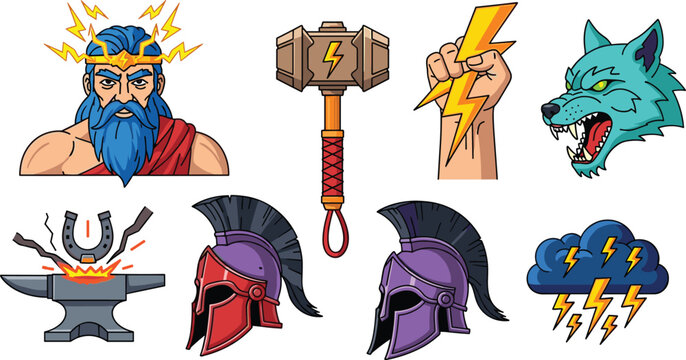 Greek and Norse Mythology Vector Icon Set Featuring Zeus, Thor Hammer, Lightning Bolt, Spartan Helmet, Anvil, and Wolf for Gaming and Mascot Designs