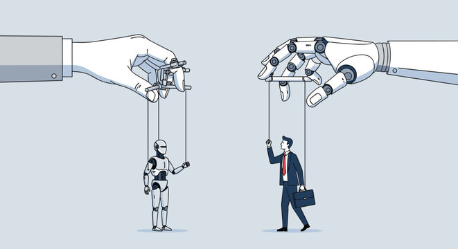 Large human and robot hands controlling puppets representing the balance between automation and human labor.