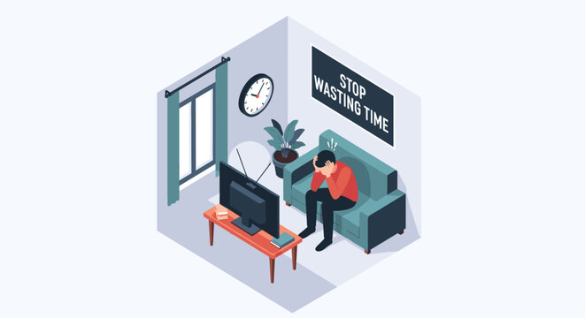 Man feeling stressed and frustrated on a sofa with a clock and a stop wasting time sign in a minimalist room setting.