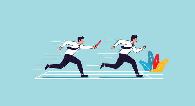Two businessmen in a relay race passing a baton on a track representing teamwork and seamless business transition.
