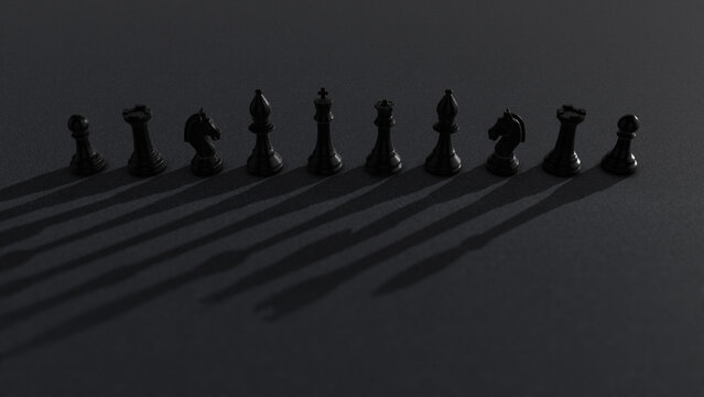 Black chess pawns moving in a dynamic shadows