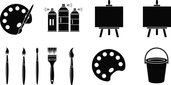 Painting art tools icon set featuring palette brushes spray paint canvas easel bucket silhouette collection isolated on white background