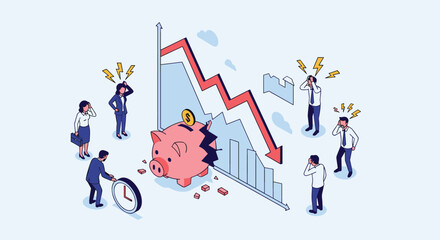 Fototapeta premium Stressed business professionals stand around a broken piggy bank and a declining line graph representing a major financial crisis or loss.