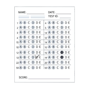 Multiple choice test answer sheet with marked answers, name, date, and score fields