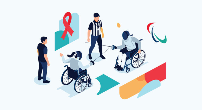Parathletes compete in a wheelchair fencing match on a white background with a referee and symbolic sporting logos present.