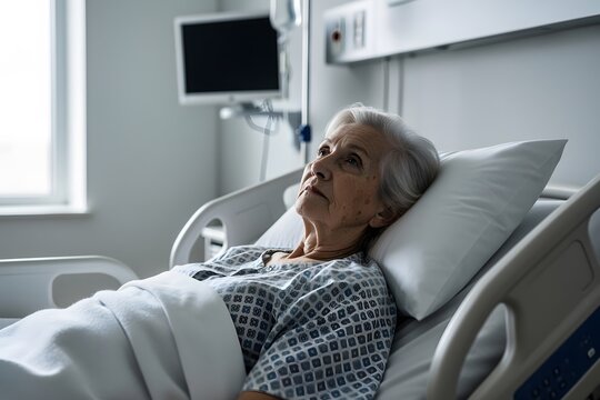 A senior woman with a tracheostomy tube resting in a hospital bed within a medical facility room