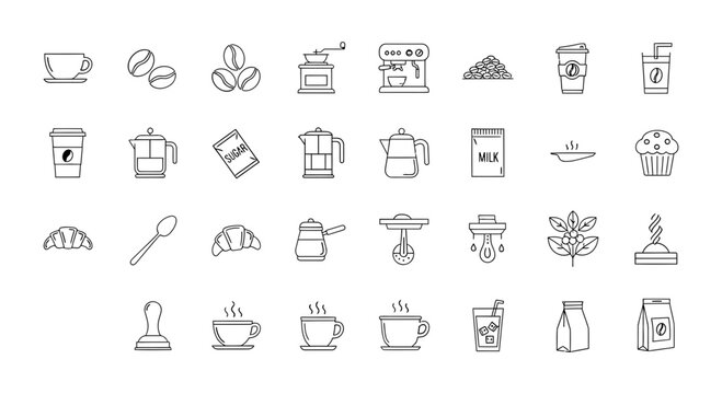 Collection of coffee shop icons, including coffee beans, cups, machines, and baked goods, perfect for cafes and culinary themes
