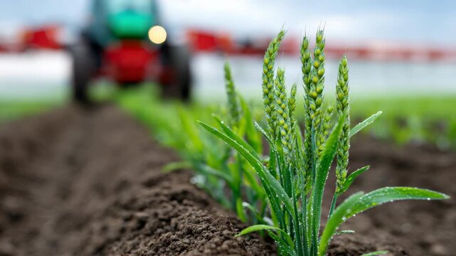 Closeup of sprouting wheat with tractor approaching in a vibrant agricultural field
