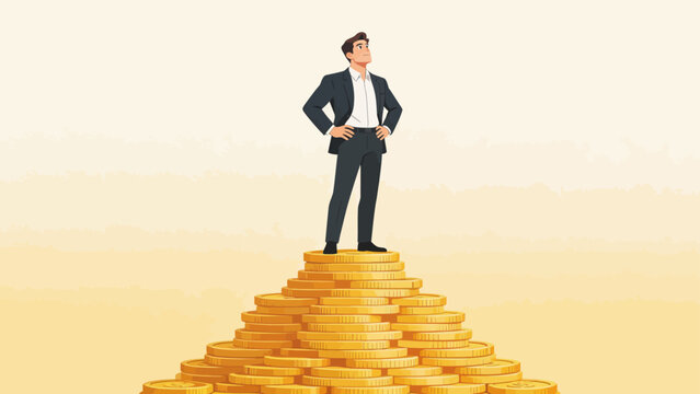 Businessman standing on pile of coins