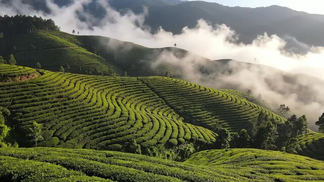 Lush tea plantation terraces in misty mountains