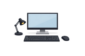 Fototapeta premium Desktop monitor with blank screen, black keyboard and mouse beside an adjustable desk lamp on a clean minimal home office workspace for remote work and study setup