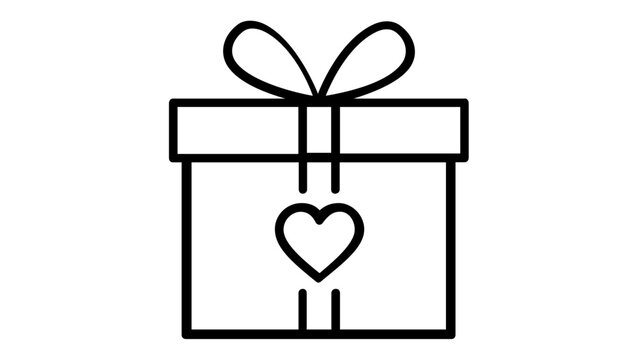 Minimalist black and white vector icon illustration of a gift box with a ribbon bow on top and a heart symbol in the center, perfect for Valentine's Day, anniversaries, and love-themed designs.