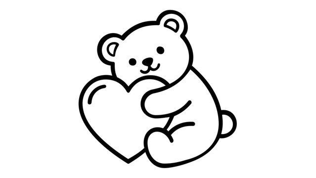 Adorable minimalist teddy bear hugging a heart vector illustration. Simple black and white line art of a cute bear showing love and affection. Scalable AI-generated icon for romantic designs.