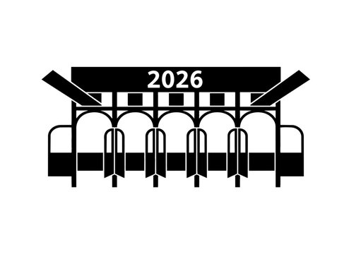 Horse racing starting gate for 2026. Solid black silhouette of racetrack stalls. Vector illustration isolated on transparent background