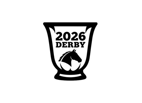 Mint julep cup with 2026 horse racing logo. Black silhouette vector illustration. Derby tradition and cocktail icon isolated on transparent background