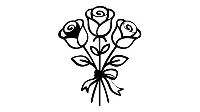 Minimalist vector illustration of a beautiful bouquet of three roses tied with a ribbon, elegant black and white line art icon for love, romance, wedding, and Valentine's Day, scalable AI-generated.
