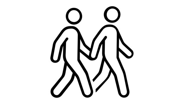 Minimalist vector icon illustration of two stick figures walking together and holding hands, representing love, partnership, and a romantic relationship in a clean black line art style.
