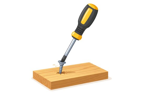 Screwdriver inserting a screw into a piece of wood, generating wood shavings, symbolizing repair, construction, maintenance, and home improvement work against a clean white background