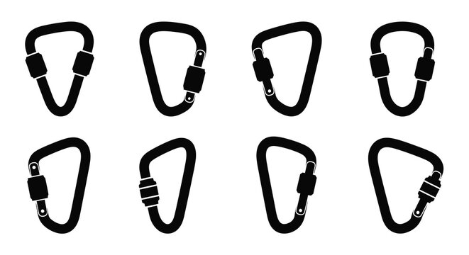 Eight black carabiner icons with gate locks displayed in a grid pattern