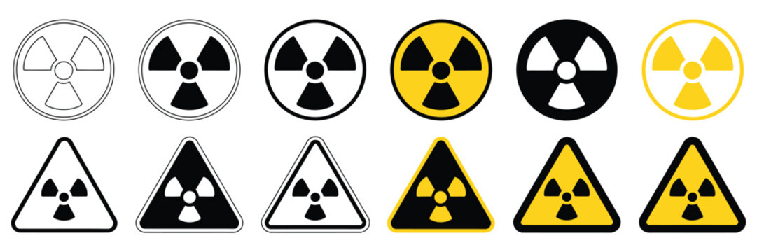 Radiation hazard symbol collection, nuclear warning and caution icons, radioactive material indicators, industrial and environmental safety symbols, clean line style, vector illustration.