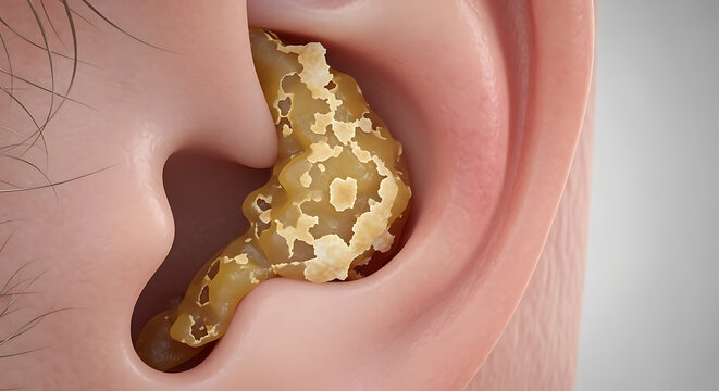 Impacted earwax in human ear canal, cerumen blockage, medical 3D illustration of ear health issue