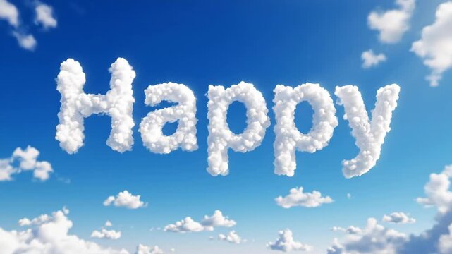 Happy word made of clouds floating in a bright blue sky with other fluffy clouds