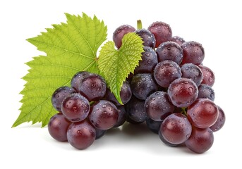Fototapeta premium Fresh bunch of deep purple grapes with green leaves attached